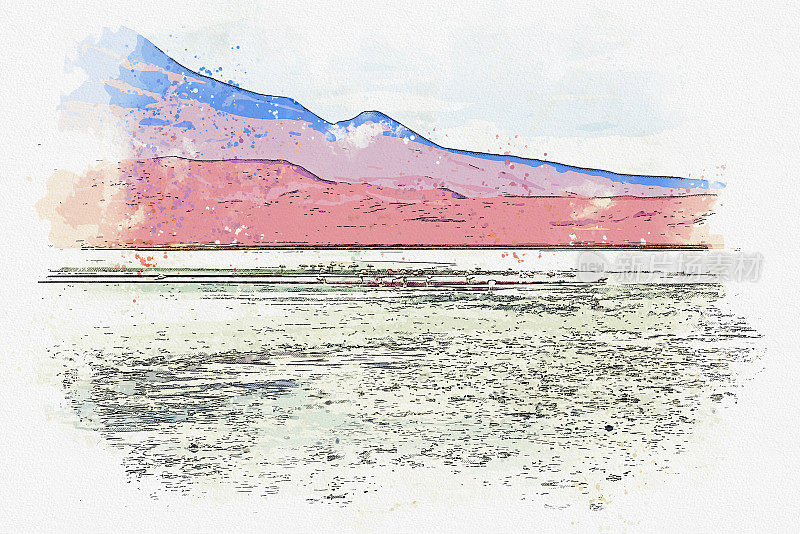 水彩画美丽的风景拉古纳科罗拉多(红泻湖)在Salar de Uyuni，玻利维亚。